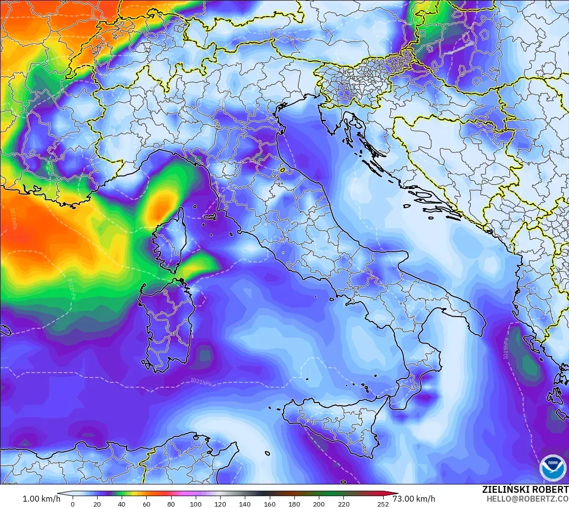 GFS model - Włochy, Porywy wiatru