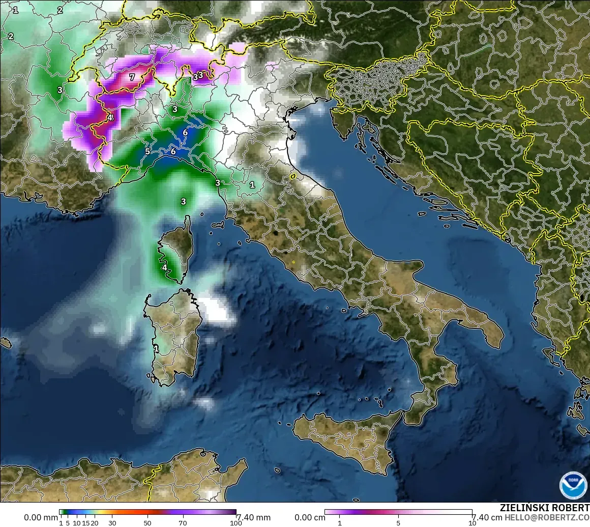 GFS model - Włochy, Opady, chmury i ciśnienie