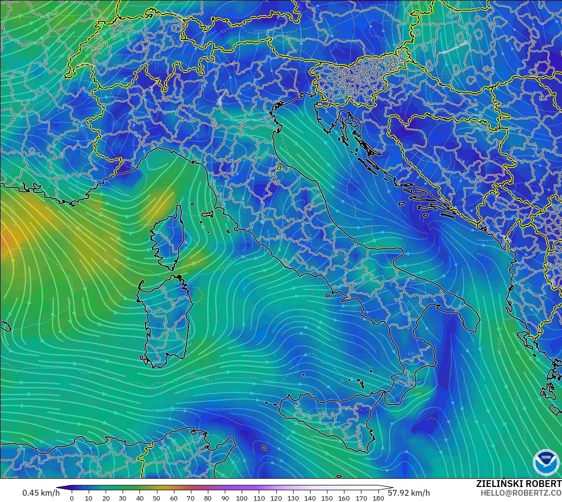 GFS model - Włochy, Wiatr na 10 m