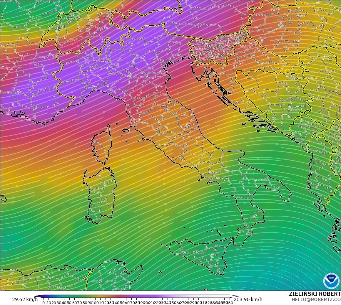 GFS model - Włochy, Wiatr na 300 hPa (prąd strumieniowy)