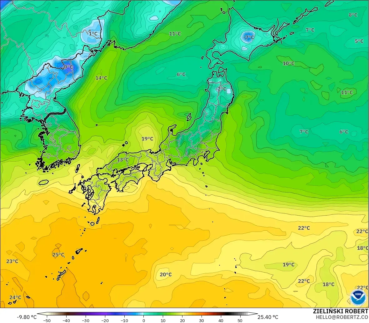 GFS model - Japonia, Punkt rosy na 2 m