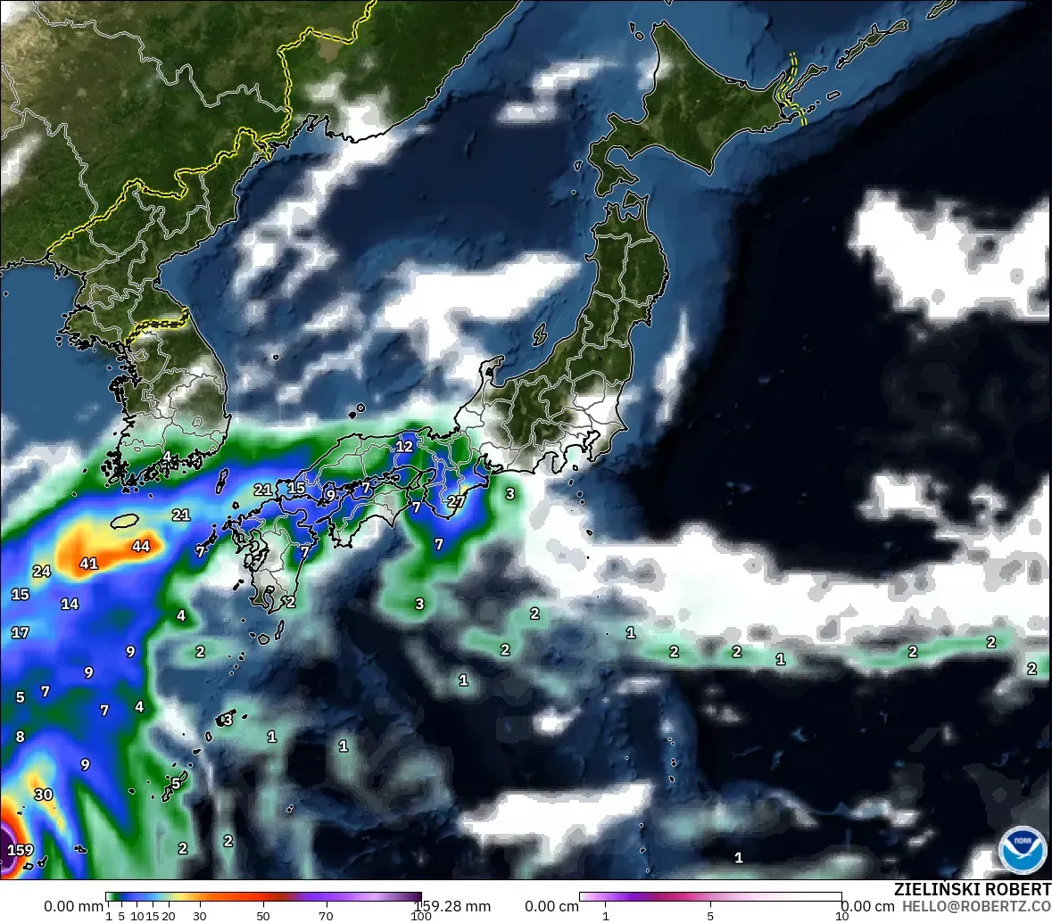GFS model - Japonia, Opady, chmury i ciśnienie