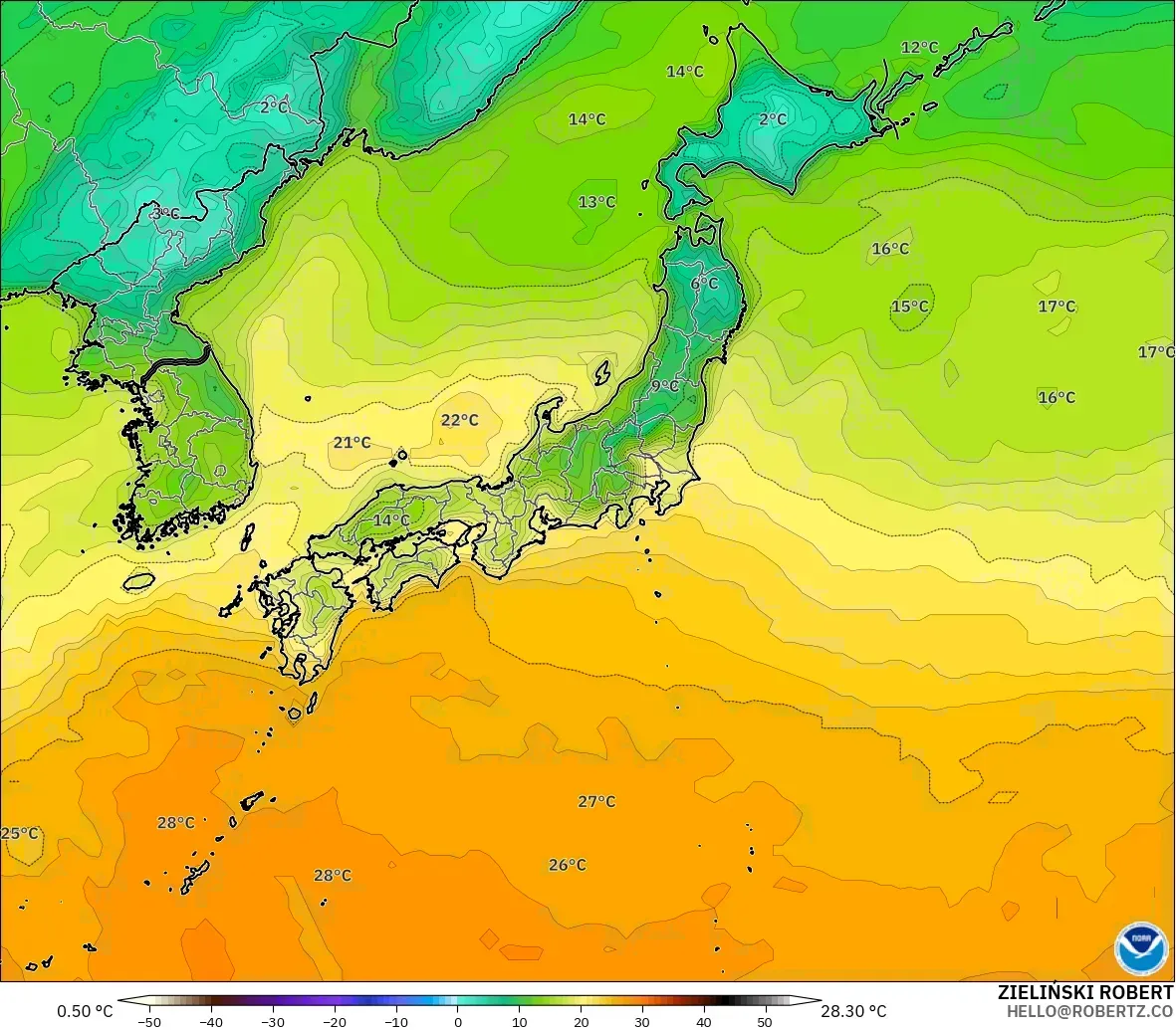 GFS model - Japonia, Temperatura na 2 m