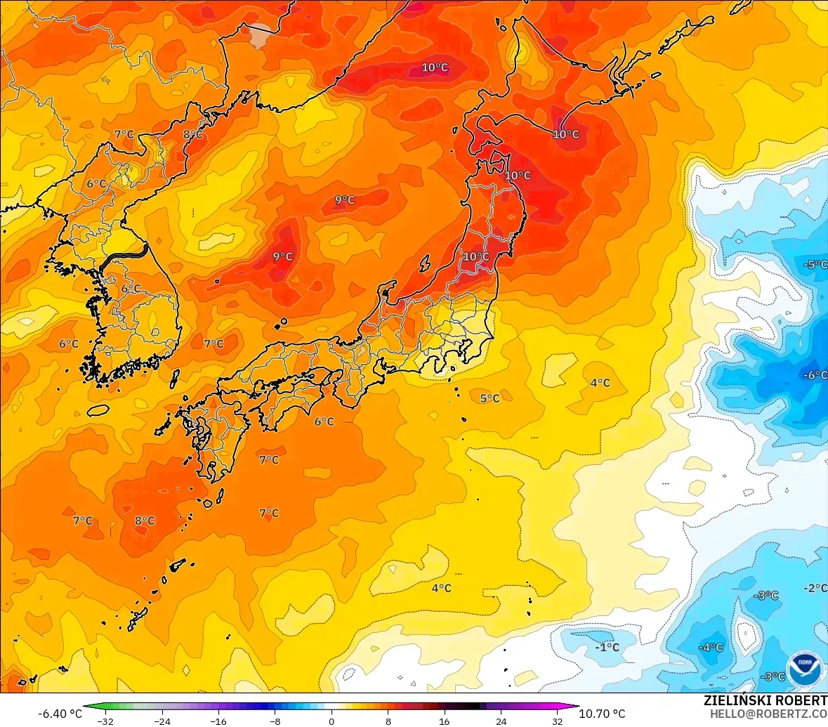 GFS model - Japonia, Anomalia temperatury na 850 hPa