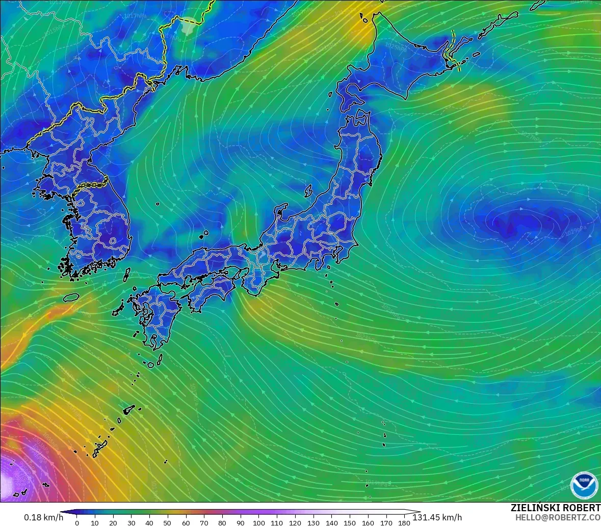 GFS model - Japonia, Wiatr na 10 m
