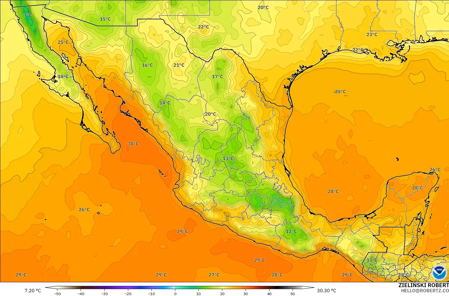 GFS model - Meksyk, Temperatura na 2 m