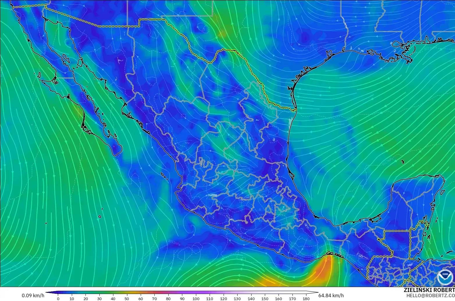 GFS model - Meksyk, Wiatr na 10 m