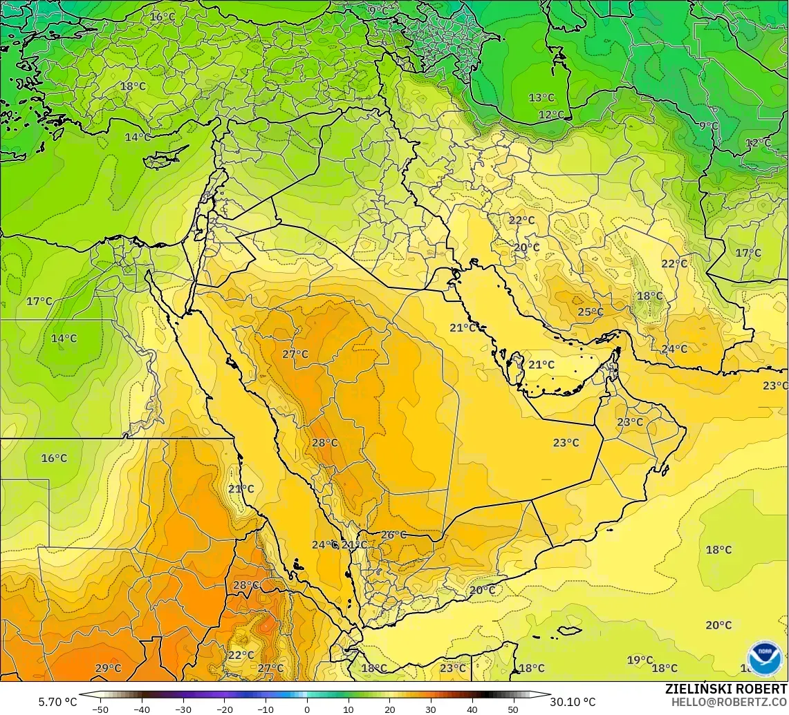 GFS model - Bliski Wschód, Temperatura na 850 hPa
