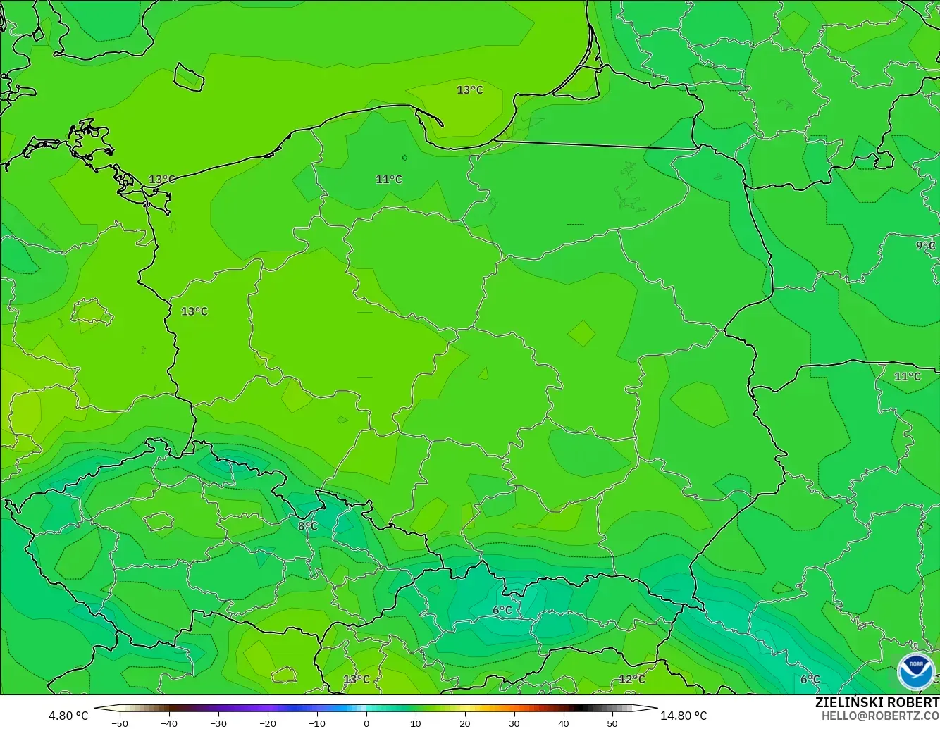 GFS model - Polska, Temperatura na 2 m