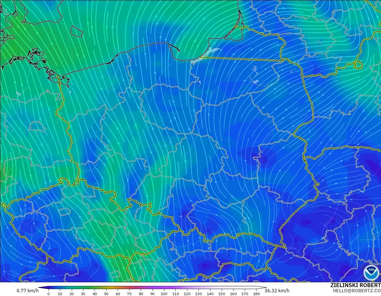 GFS model - Polska, Wiatr na 10 m