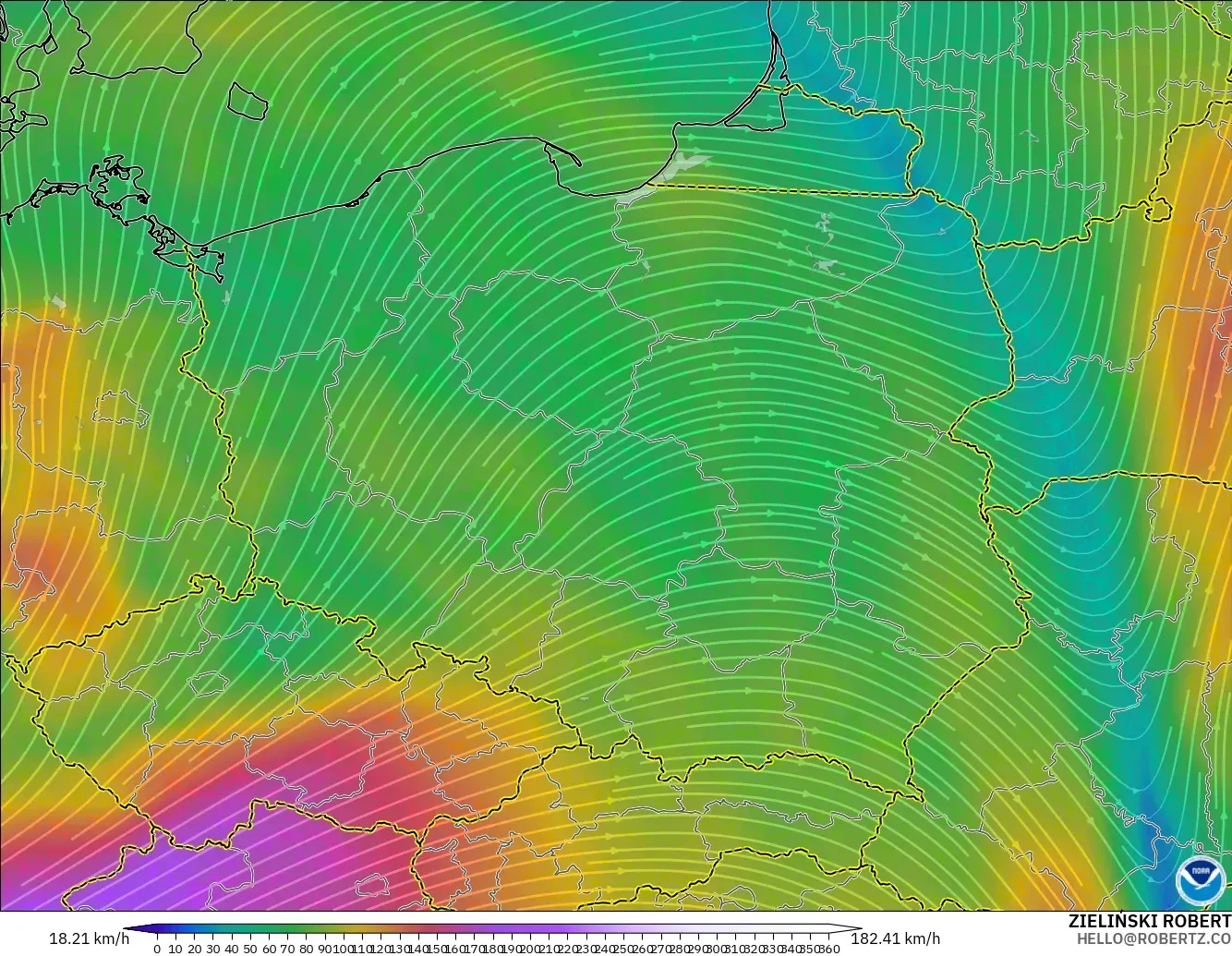 GFS model - Polska, Wiatr na 300 hPa (prąd strumieniowy)