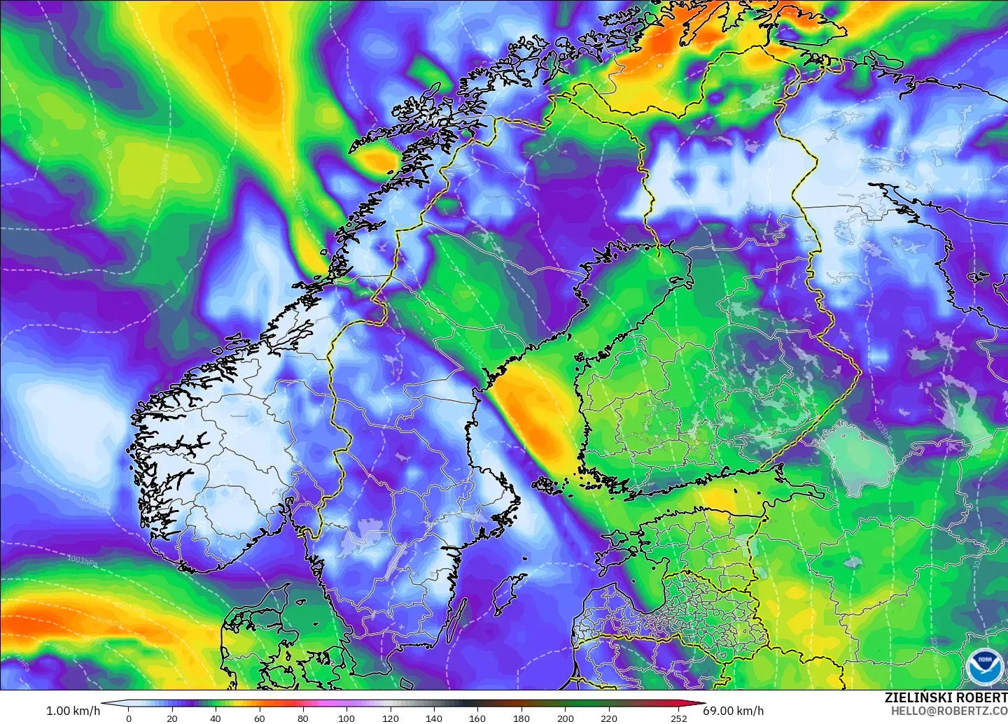 GFS model - Skandynawia, Porywy wiatru