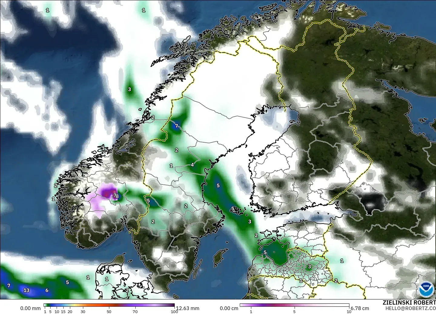 GFS model - Skandynawia, Opady, chmury i ciśnienie