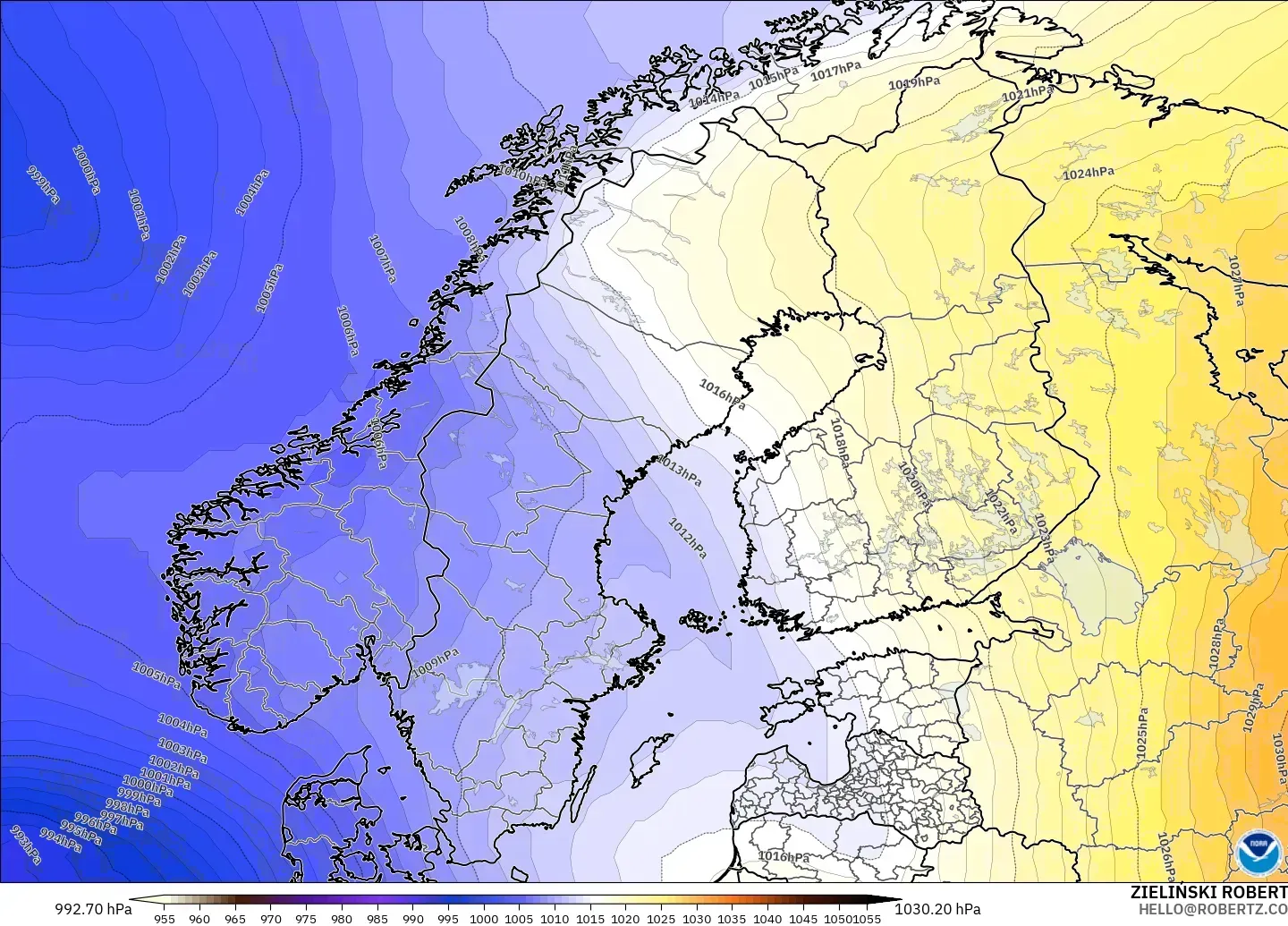 GFS model - Skandynawia, Ciśnienie