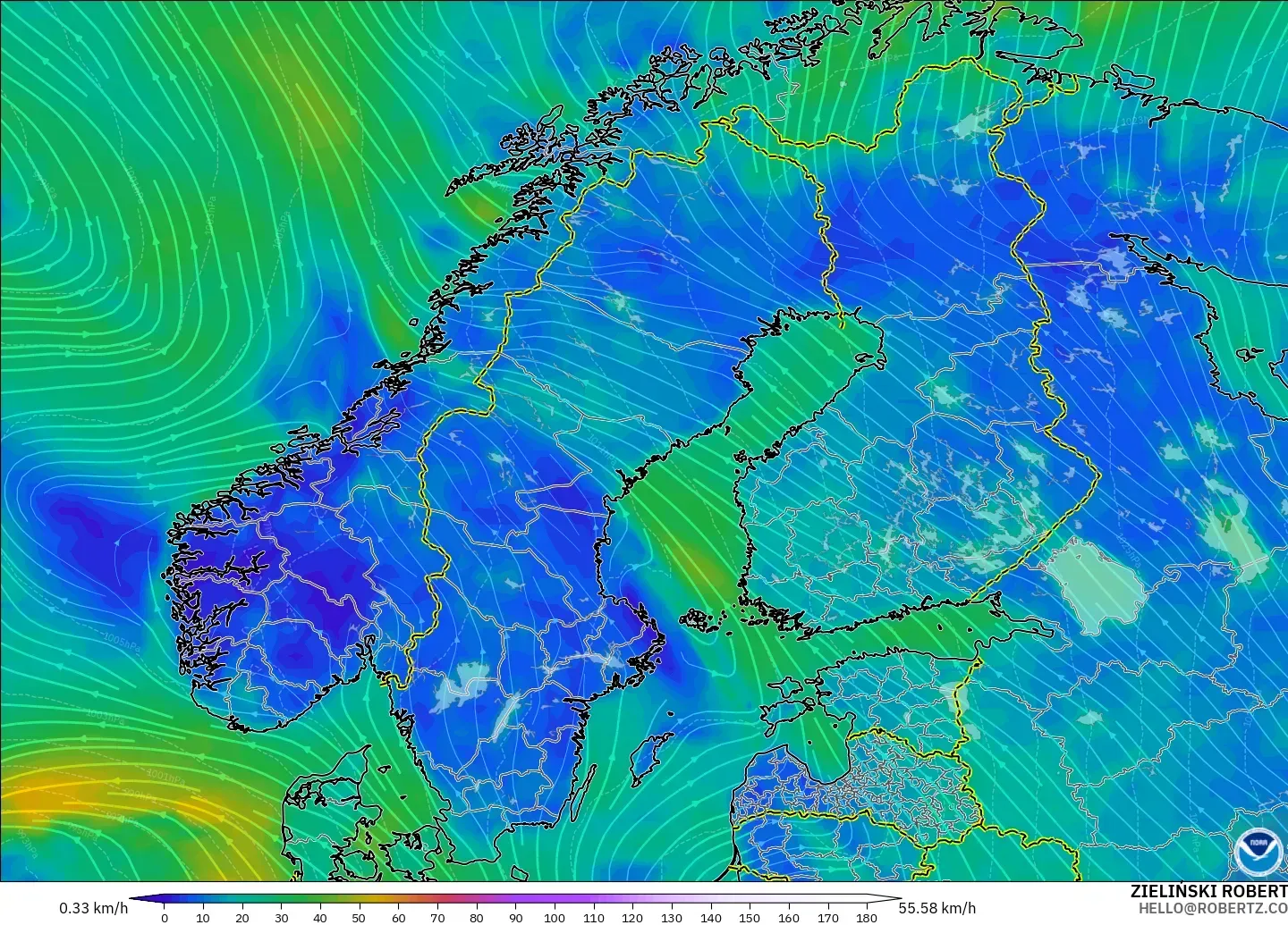 GFS model - Skandynawia, Wiatr na 10 m
