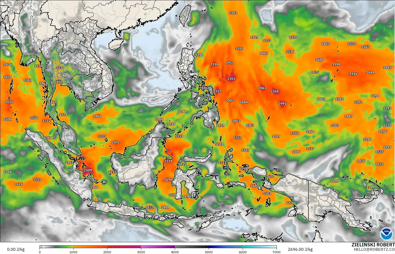 GFS model - Azja Południowo-Wschodnia, CAPE