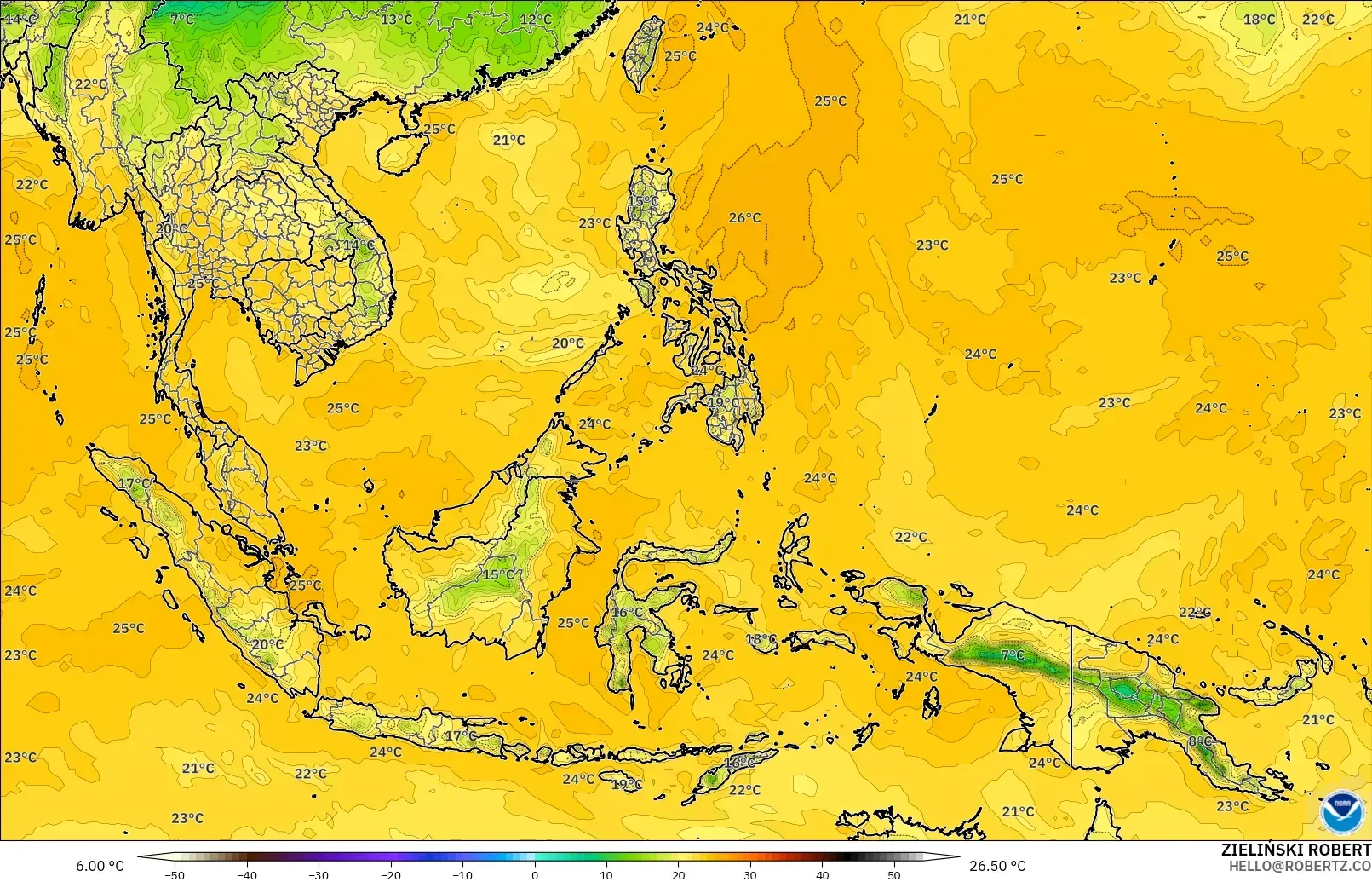 GFS model - Azja Południowo-Wschodnia, Punkt rosy na 2 m