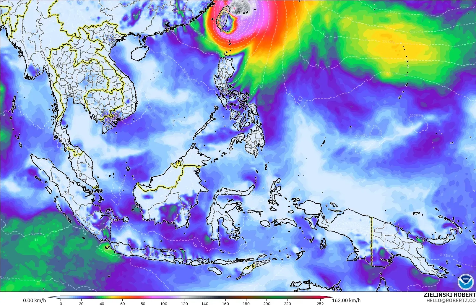 GFS model - Azja Południowo-Wschodnia, Maksymalne Porywy Wiatru
