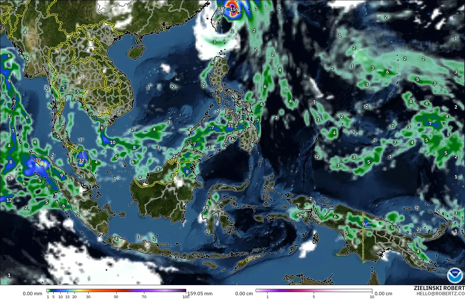 GFS model - Azja Południowo-Wschodnia, Opady, chmury i ciśnienie