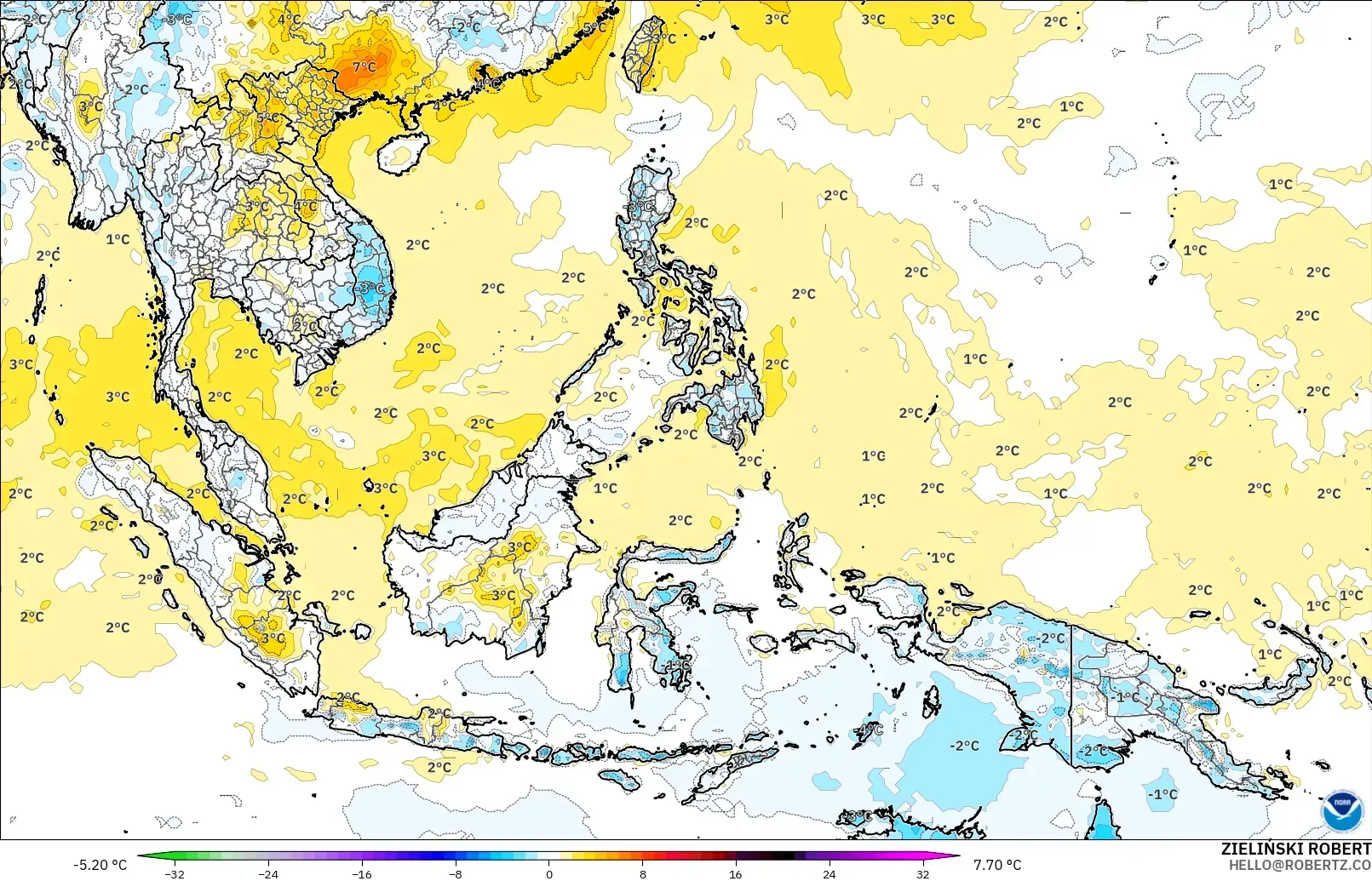 GFS model - Azja Południowo-Wschodnia, Anomalia temperatury na 2 m