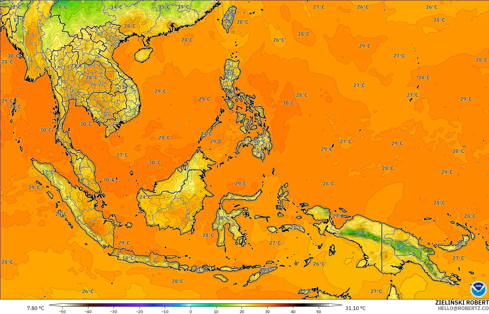GFS model - Azja Południowo-Wschodnia, Temperatura na 2 m