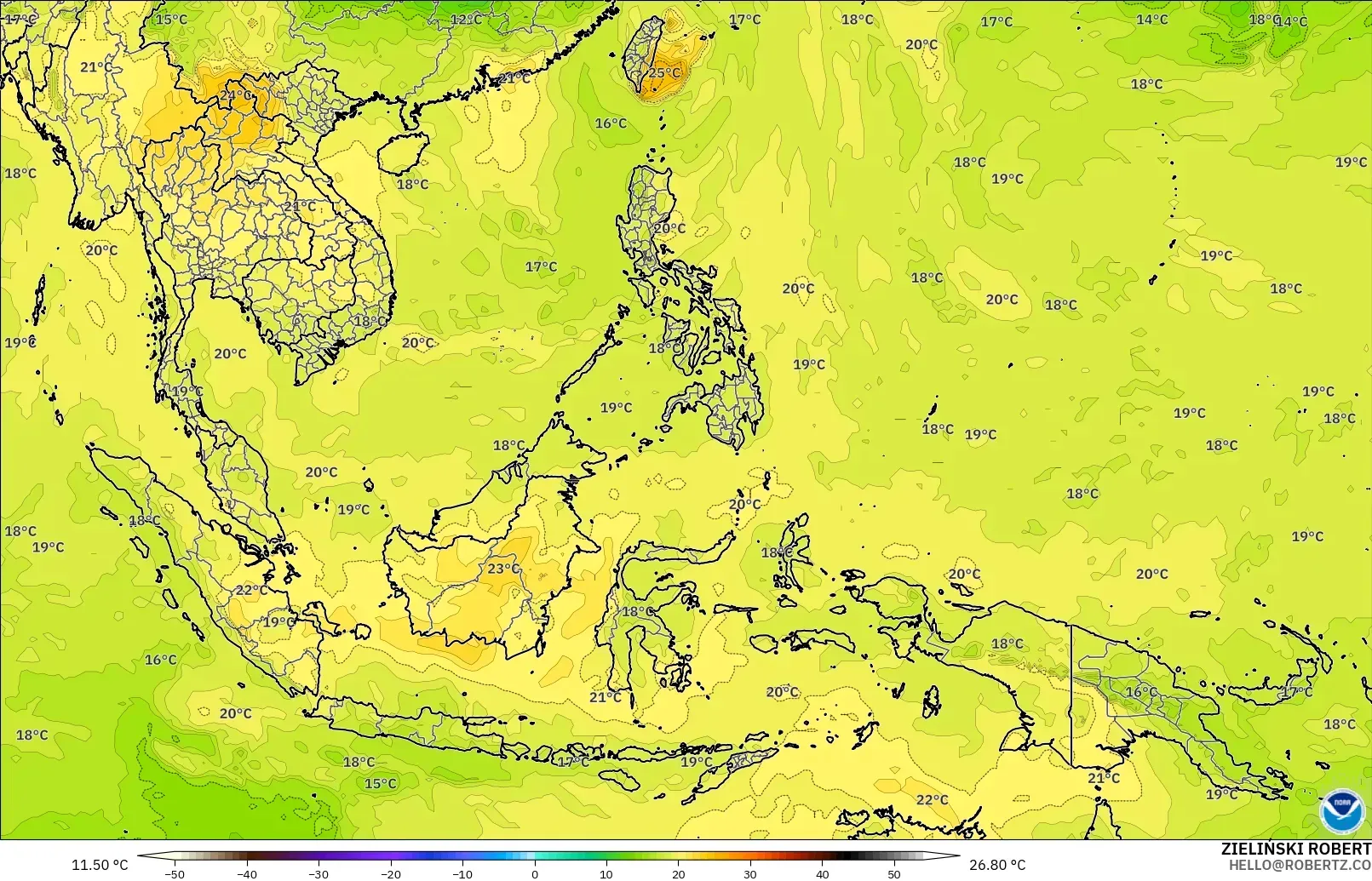 GFS model - Azja Południowo-Wschodnia, Temperatura na 850 hPa