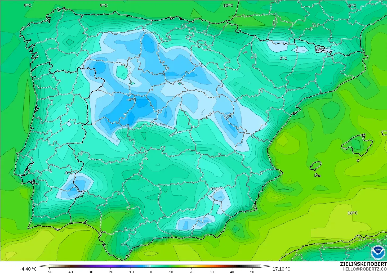 GFS model - Hiszpania, Punkt rosy na 2 m