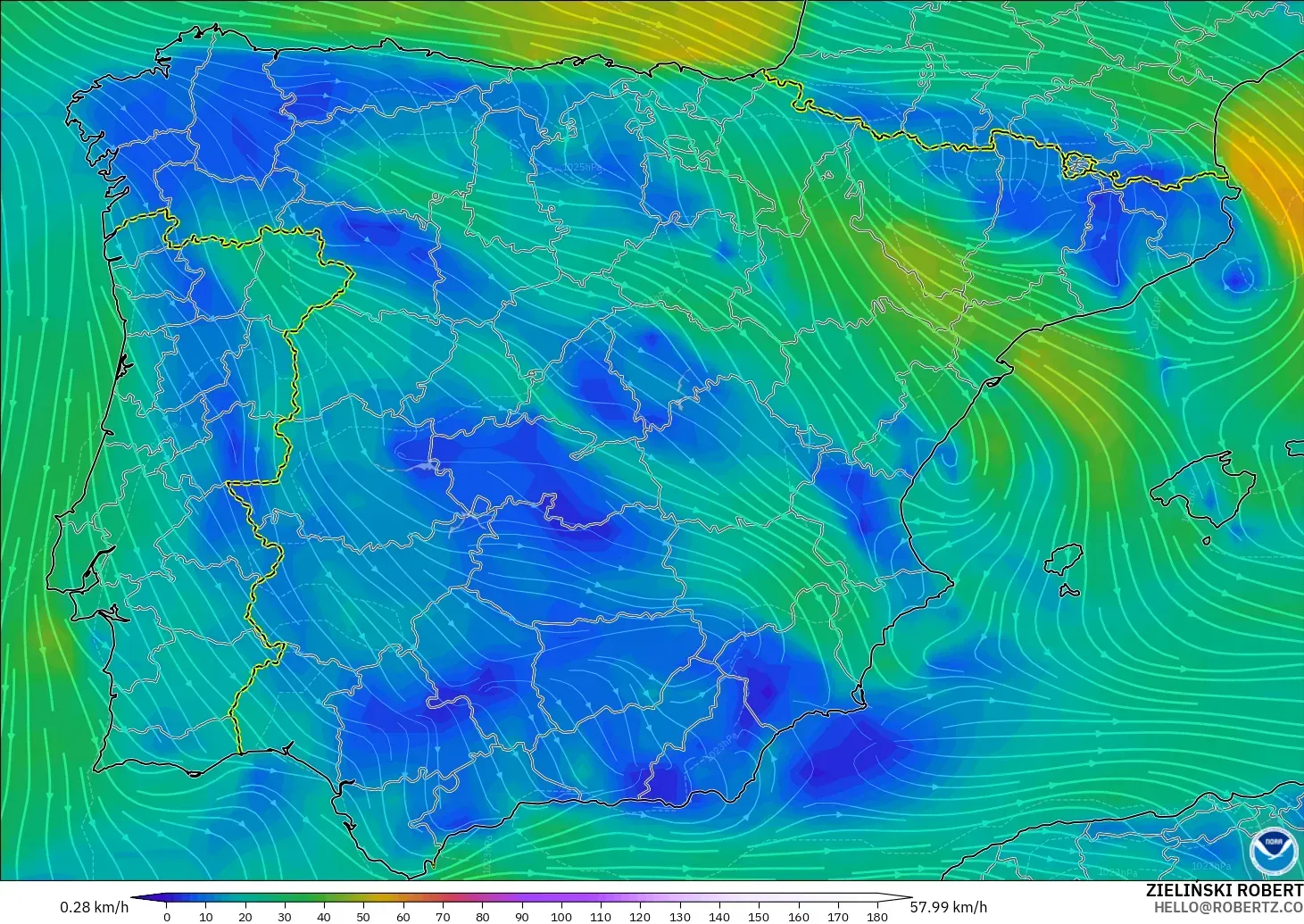 GFS model - Hiszpania, Wiatr na 10 m