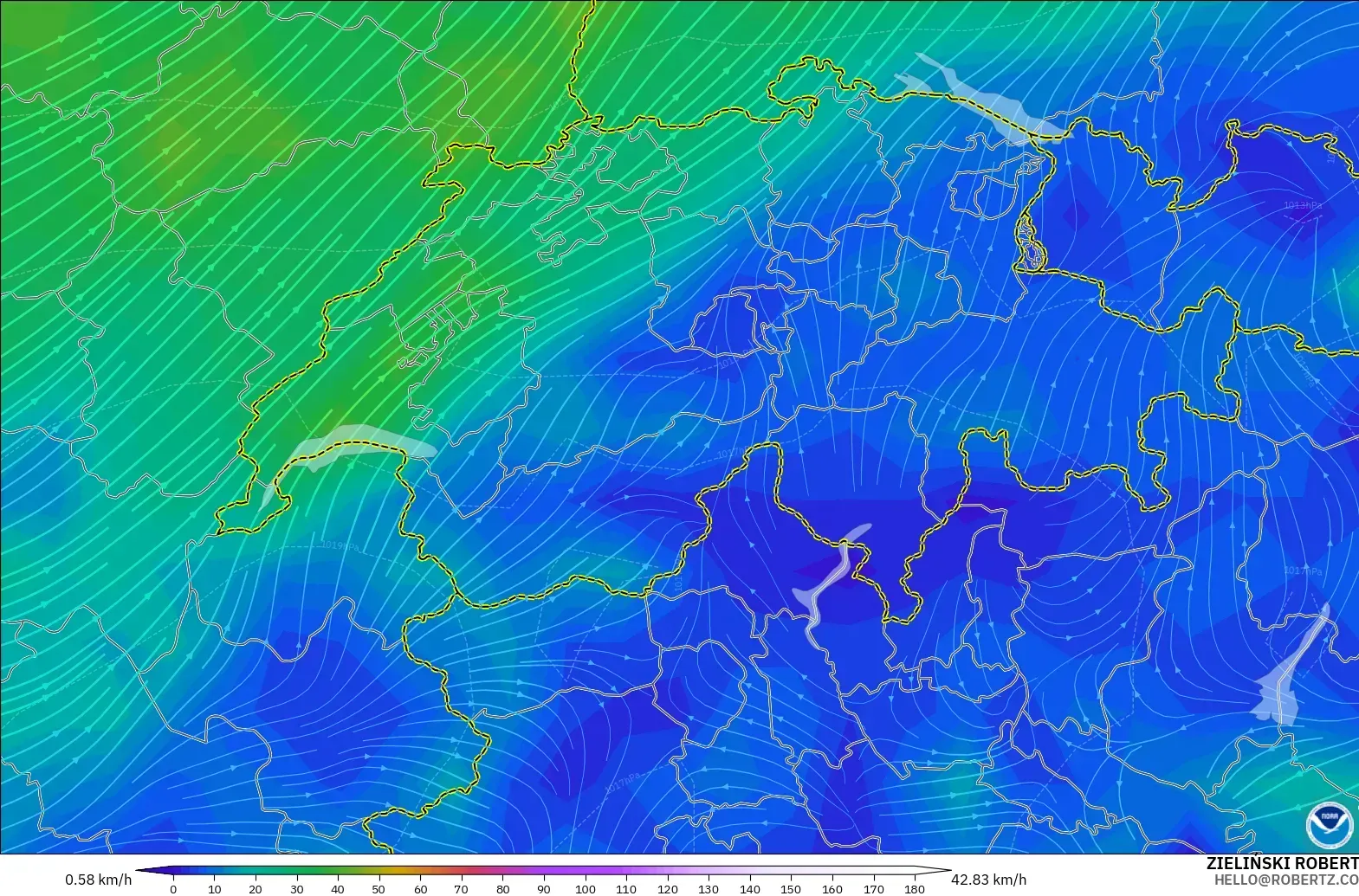 GFS model - Szwajcaria, Wiatr na 10 m