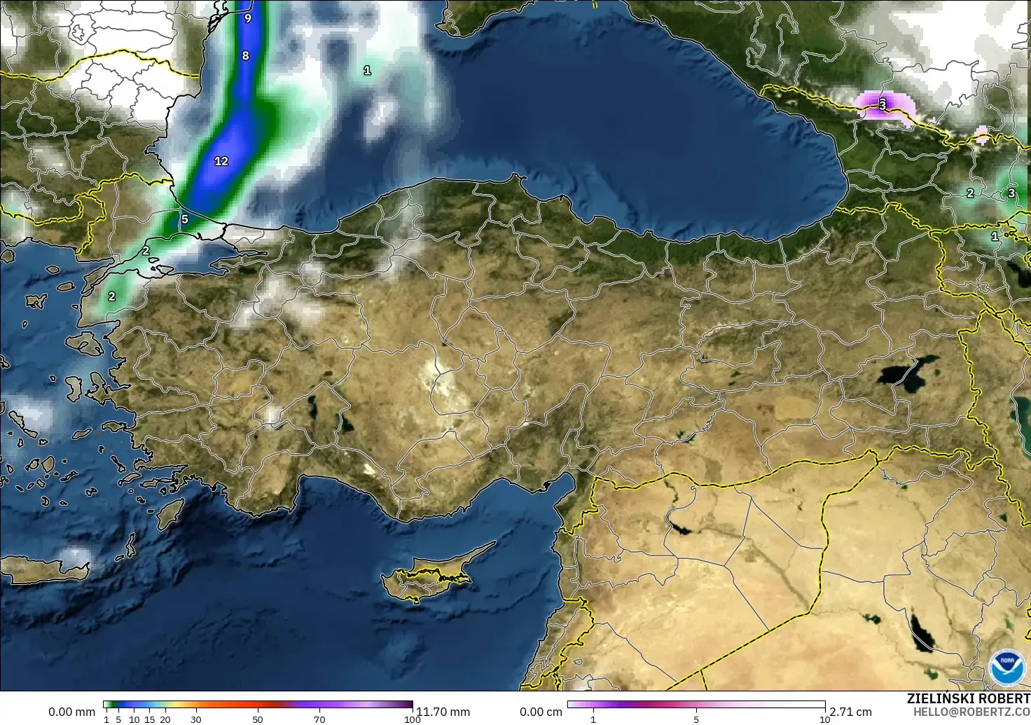 GFS model - Turcja, Opady, chmury i ciśnienie