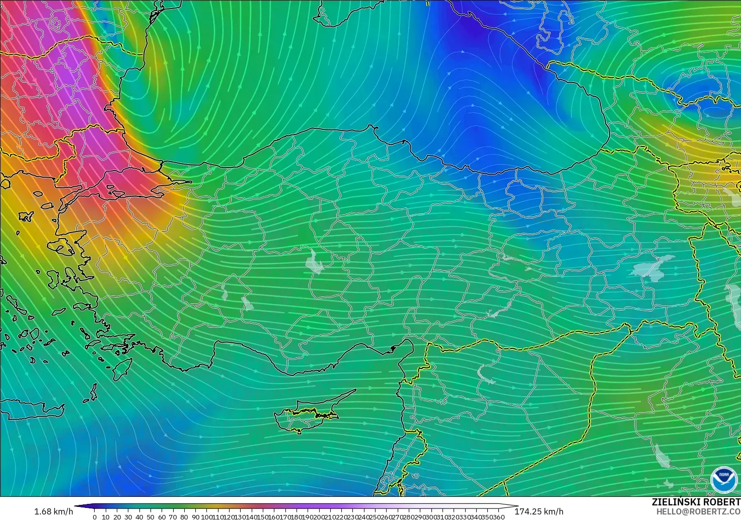 GFS model - Turcja, Wiatr na 300 hPa (prąd strumieniowy)