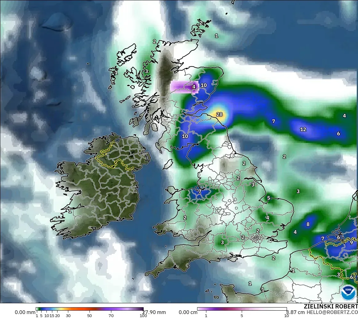 GFS model - Wielka Brytania, Opady, chmury i ciśnienie