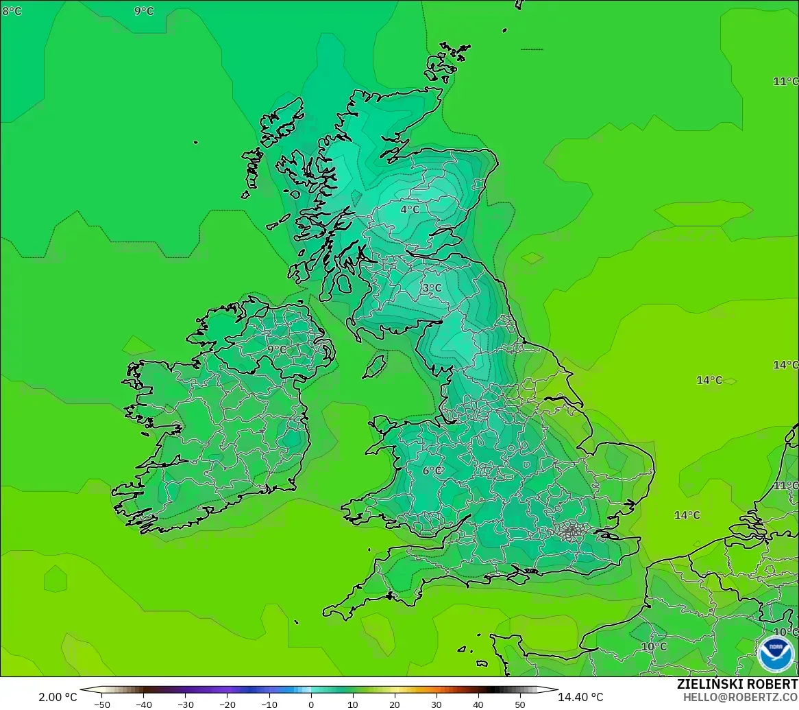 GFS model - Wielka Brytania, Temperatura na 2 m