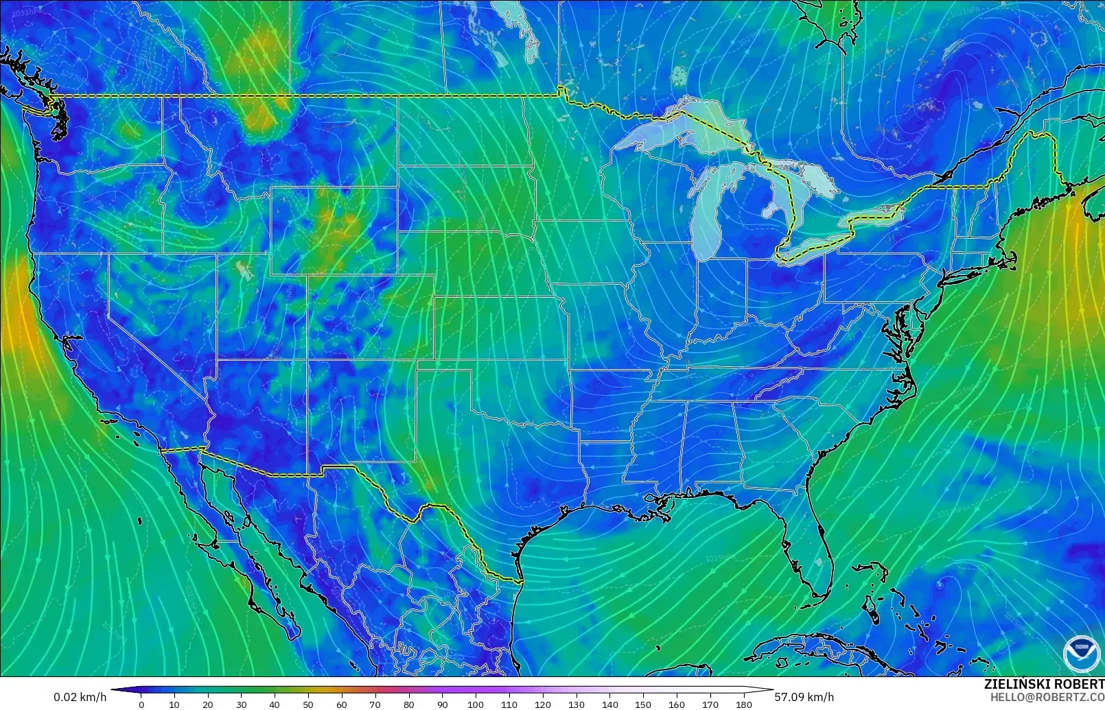 GFS model - Stany Zjednoczone, Wiatr na 10 m
