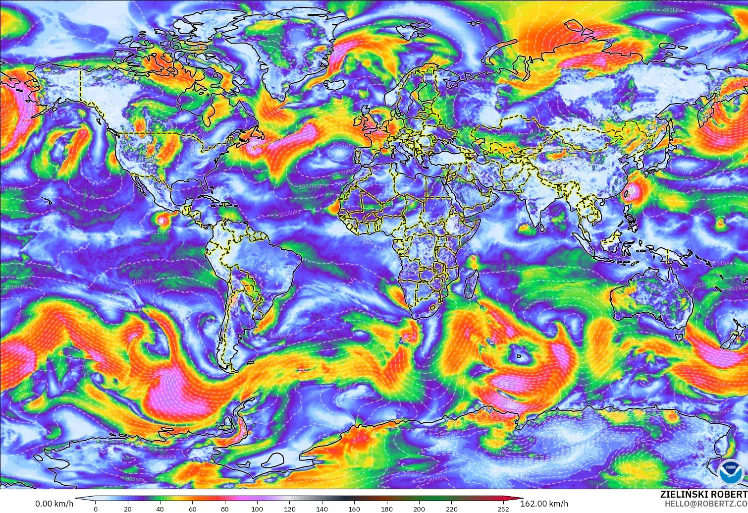 GFS model - Świat, Porywy wiatru
