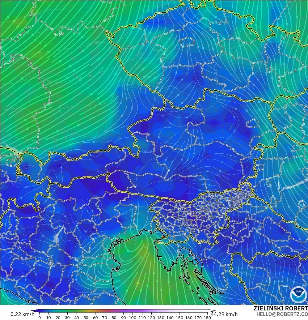 GFS model - Austria, Wiatr na 10 m