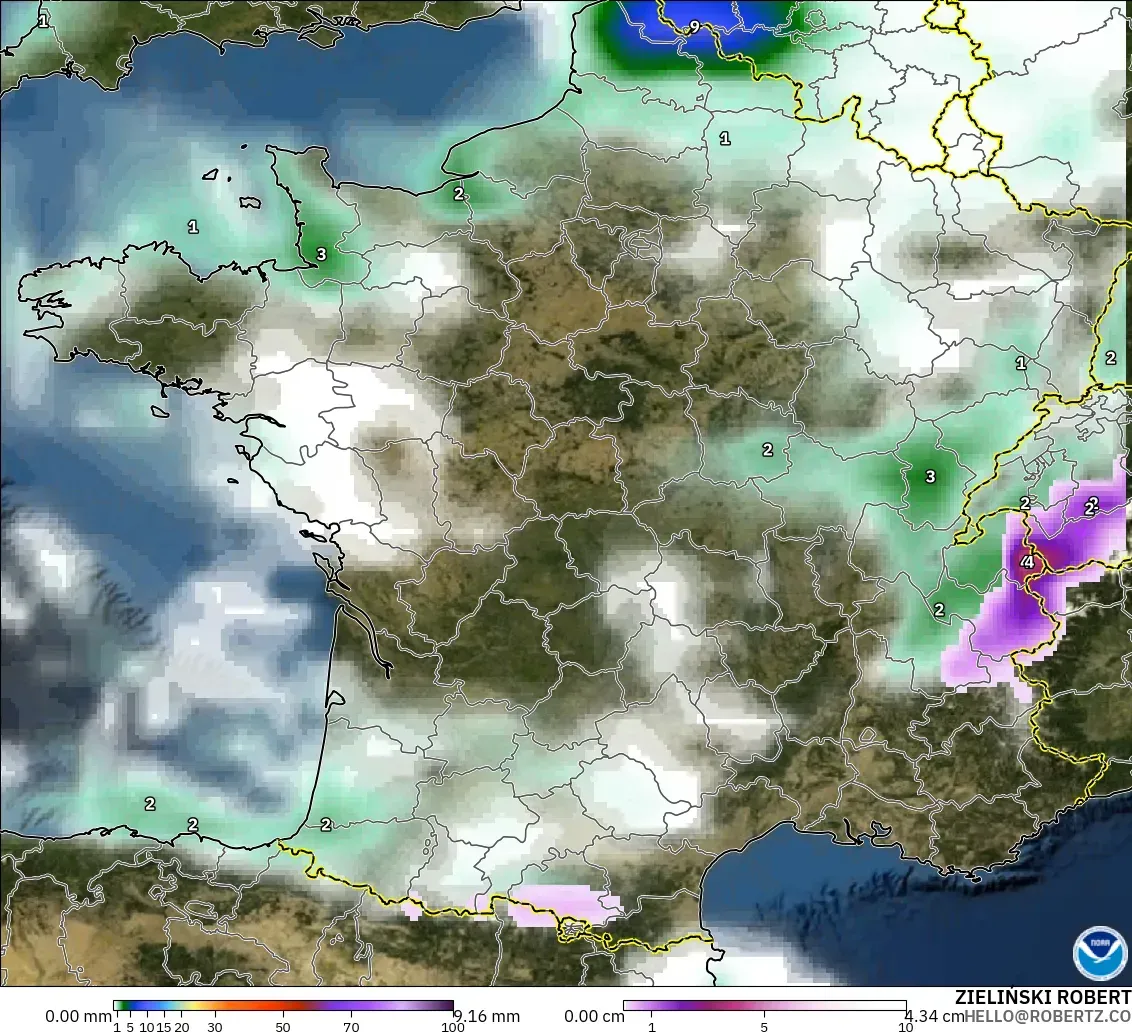 GFS model - Francja, Opady, chmury i ciśnienie