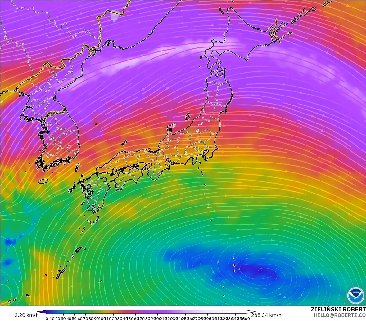 GFS model - Japonia, Wiatr na 300 hPa (prąd strumieniowy)