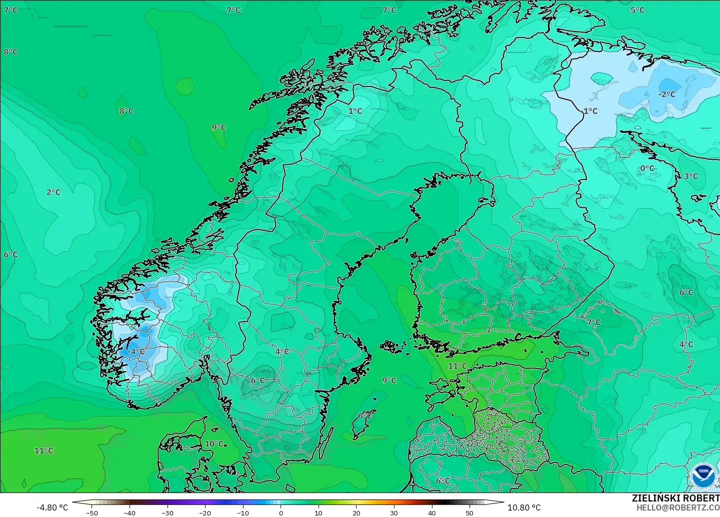 GFS model - Skandynawia, Punkt rosy na 2 m