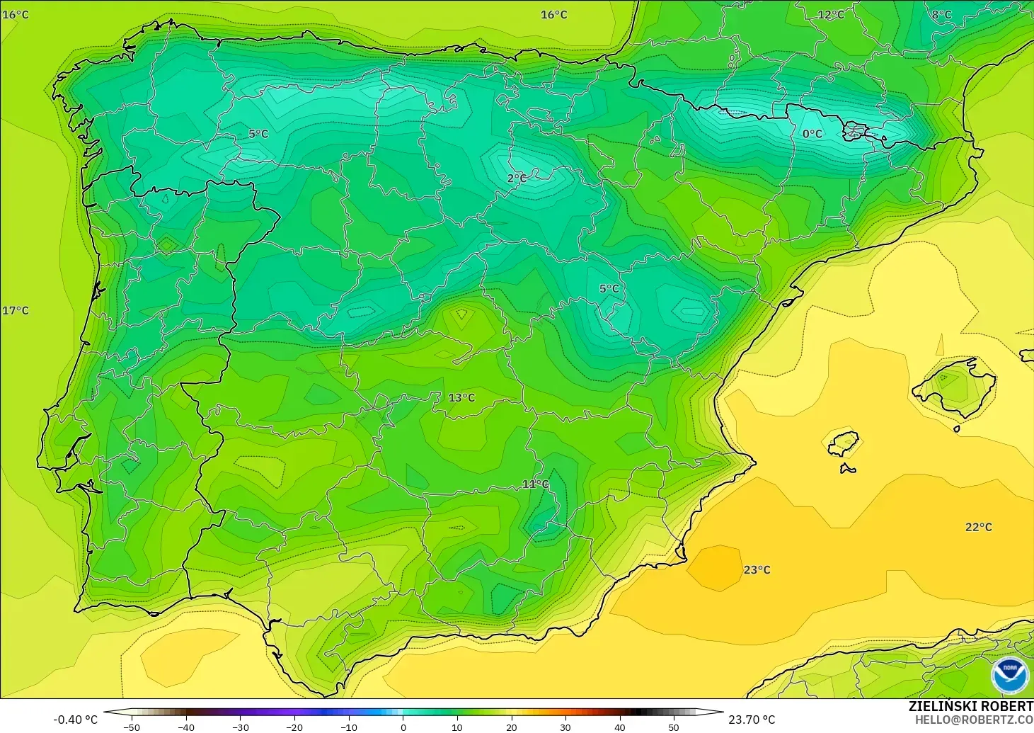 GFS model - Hiszpania, Temperatura na 2 m