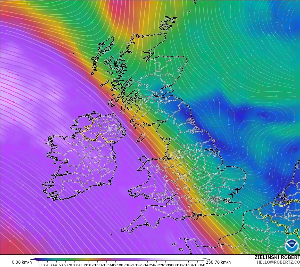 GFS model - Wielka Brytania, Wiatr na 300 hPa (prąd strumieniowy)