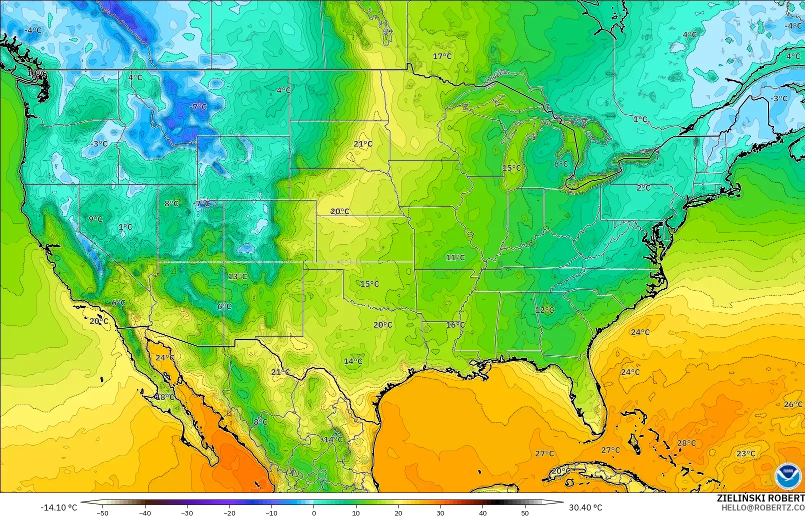 GFS model - Stany Zjednoczone, Temperatura na 2 m