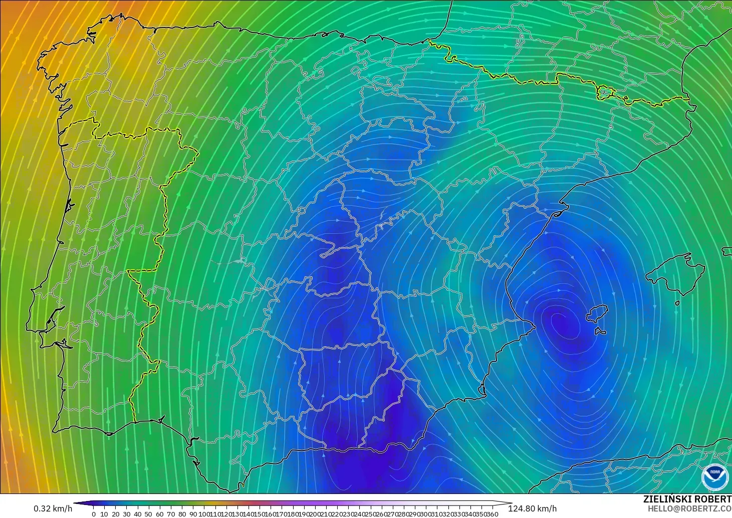 GFS model - Hiszpania, Wiatr na 300 hPa (prąd strumieniowy)
