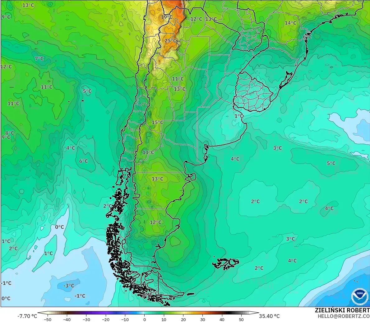 GFS model - Argentyna, Temperatura na 850 hPa