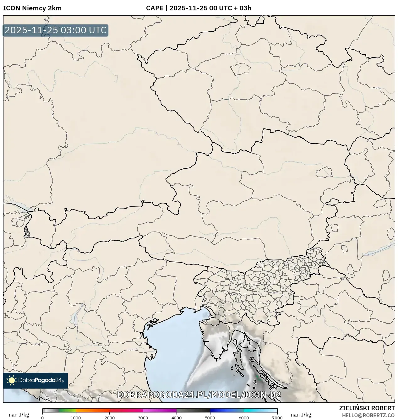 ICON Niemcy 2 km model - Austria, CAPE