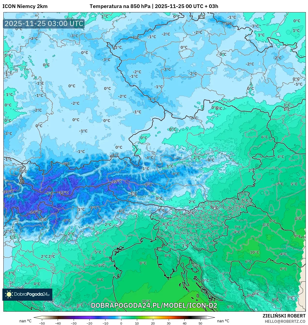 ICON Niemcy 2 km model - Austria, Temperatura na 850 hPa