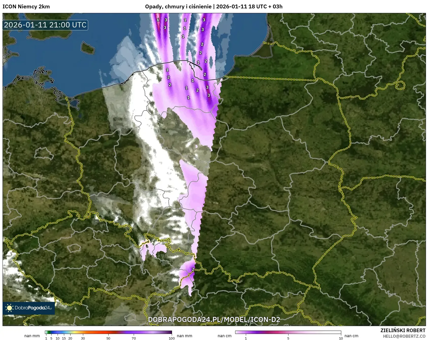 ICON Niemcy 2 km model - Polska, Opady, chmury i ciśnienie