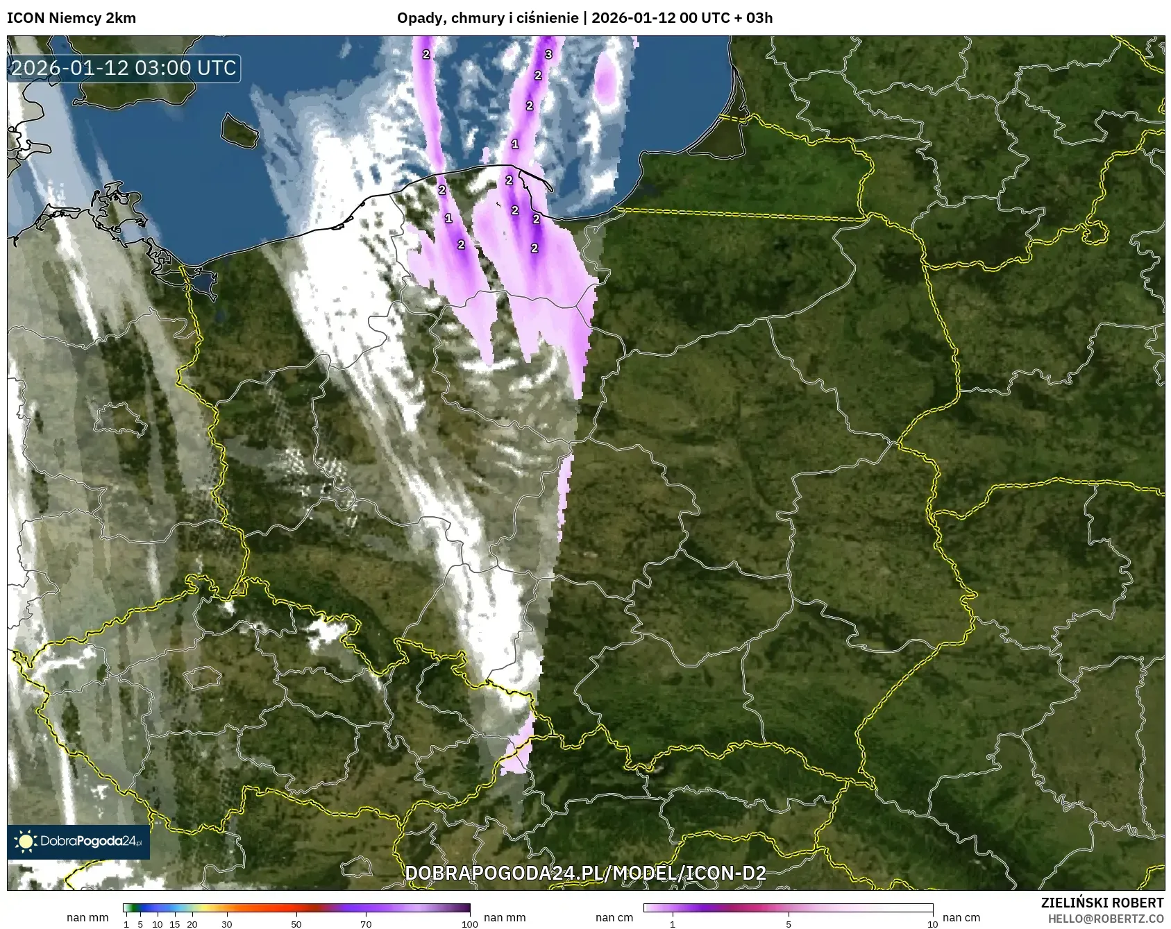 ICON Niemcy 2 km model - Polska, Opady, chmury i ciśnienie