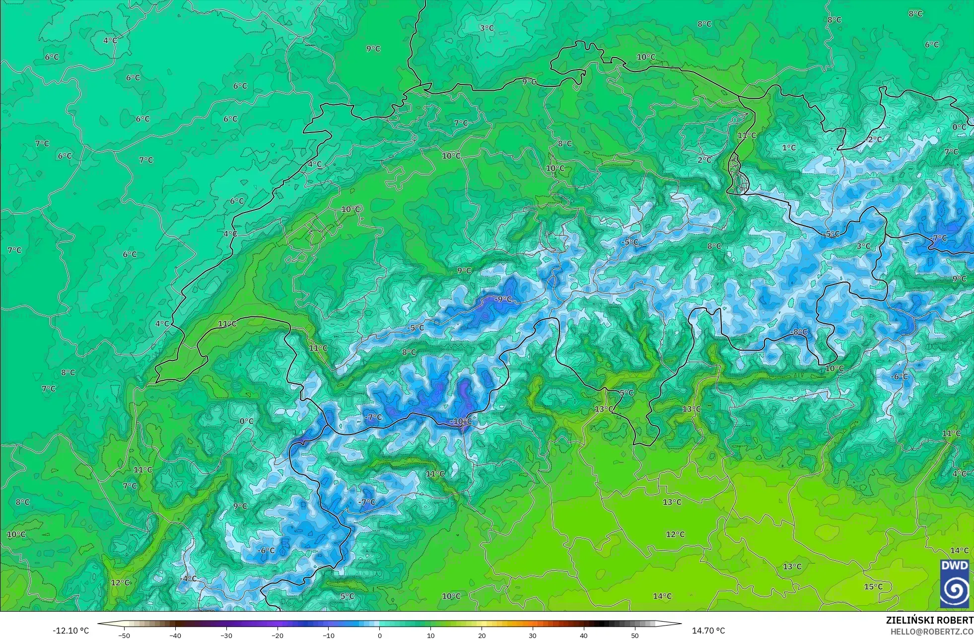 ICON Niemcy 2 km model - Szwajcaria, Temperatura na 850 hPa