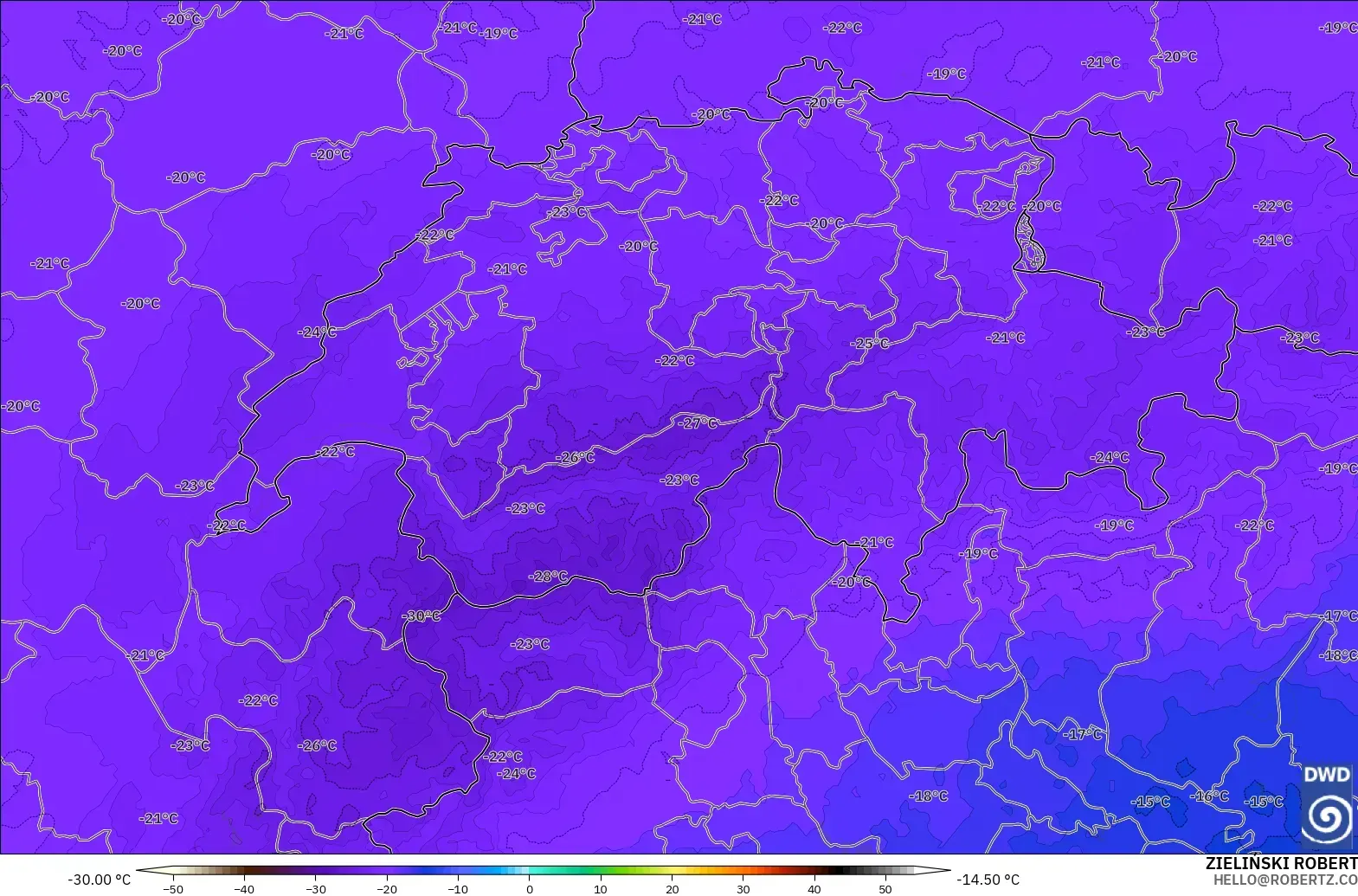ICON Niemcy 2 km model - Szwajcaria, Temperatura na 500 hPa